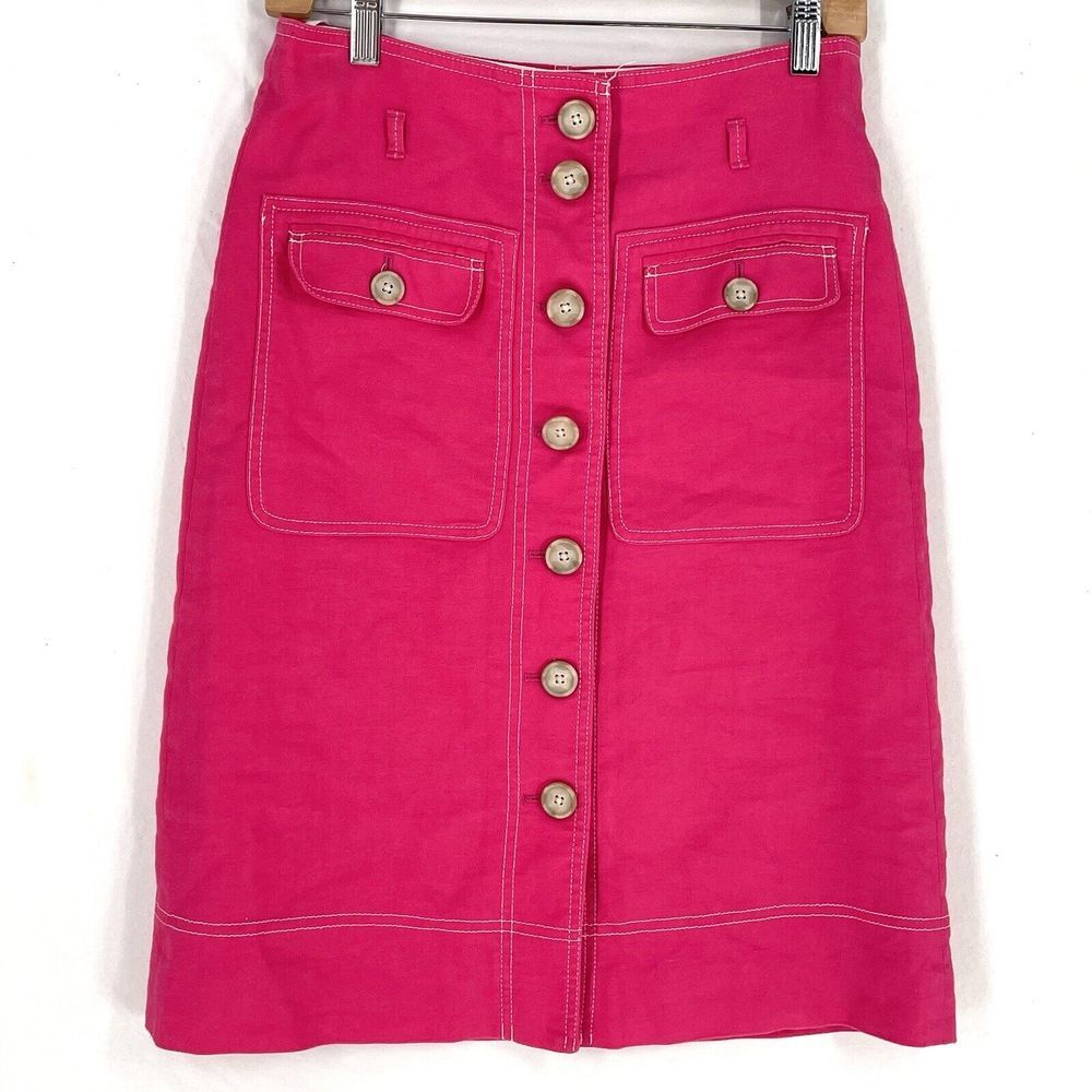 J.Crew Button-Up Pencil Skirt Size 6 Stretch Linen Blend Soft Fushia